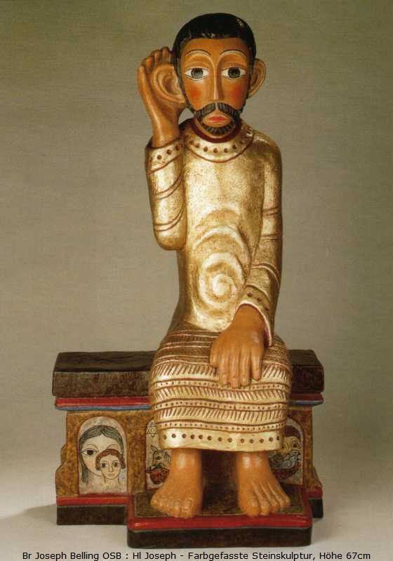 Br Joseph Belling OSB : Hl Joseph - Farbgefasste Steinskulptur, H�he 67cm